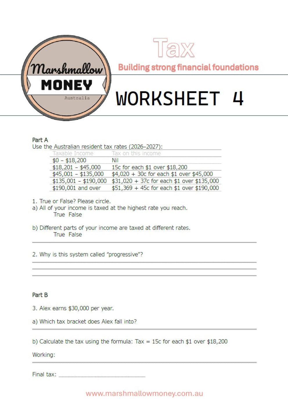 Tax worksheet from Marshmallow Money Australia with questions and calculations.