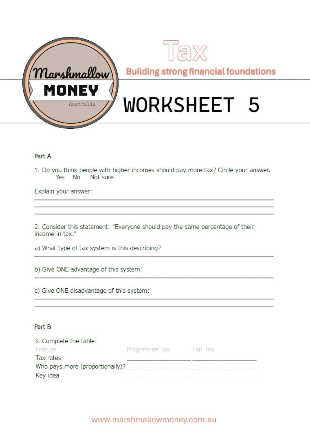 Worksheet from Marshmallow Money on tax education with a logo at the top.