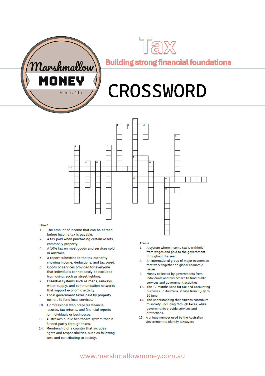 Crossword puzzle on tax with Marshmallow Money logo