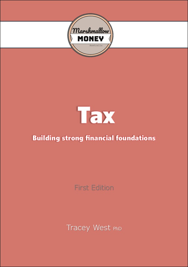 Book cover of 'Tax: Building strong financial foundations' by Tracey West with a red background and 'Marshmallow Money' logo.